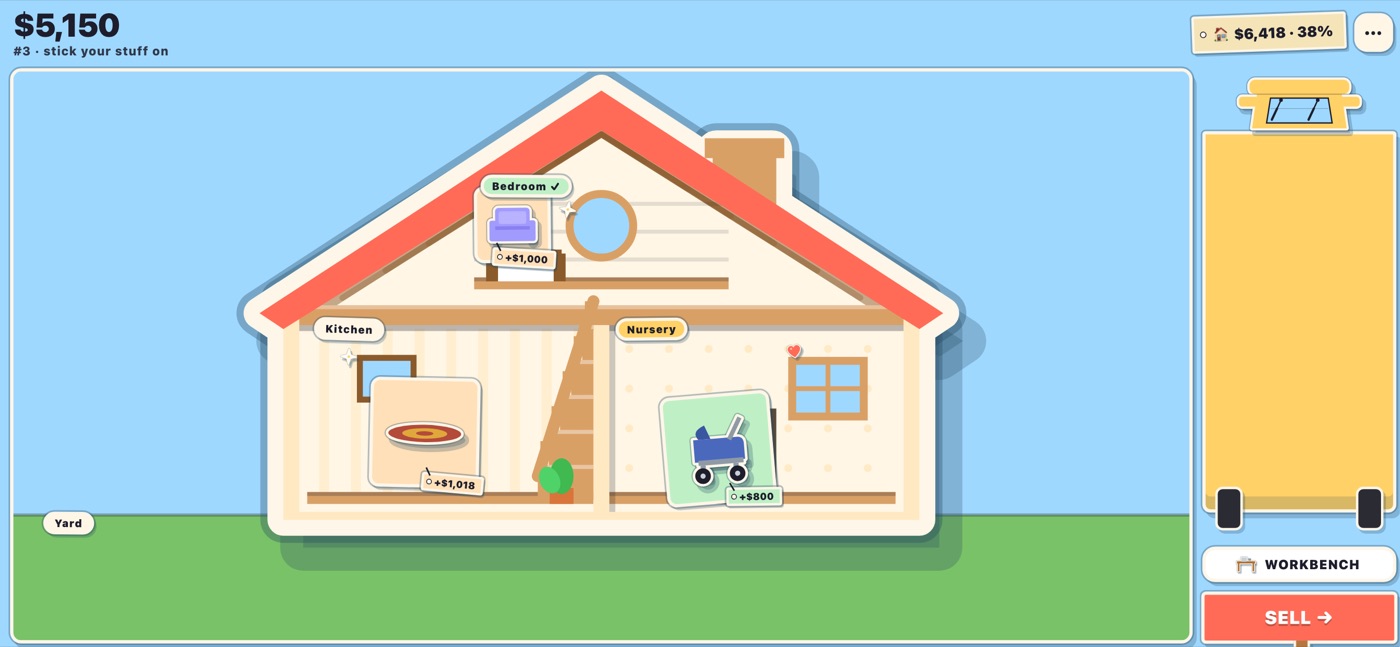 A cutaway house with a sofa in the bedroom, a rug in the kitchen and a pram in the nursery, each with a value tag.