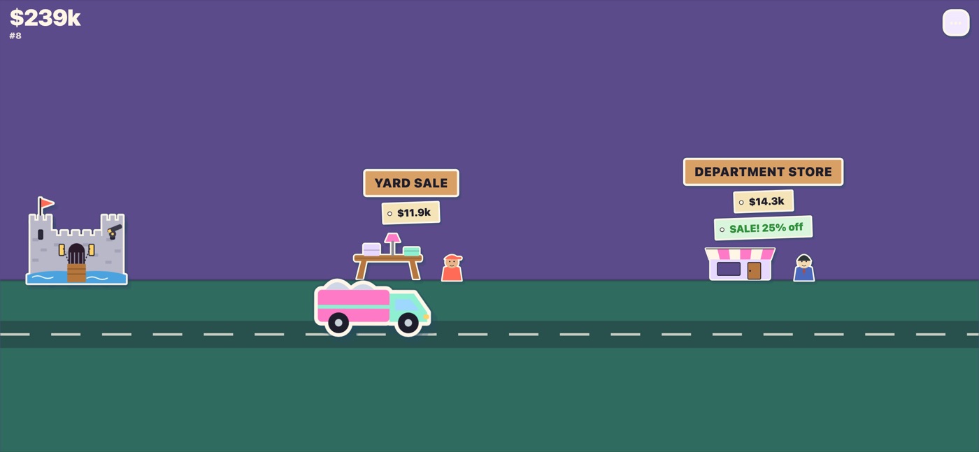 A street with three places to shop and a truck driving past.