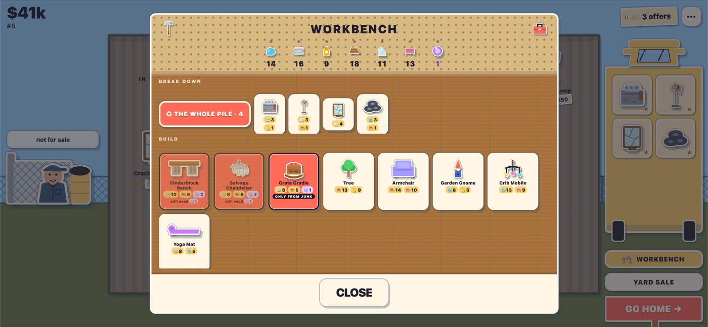 A workbench turning broken junk into materials and materials into something better.